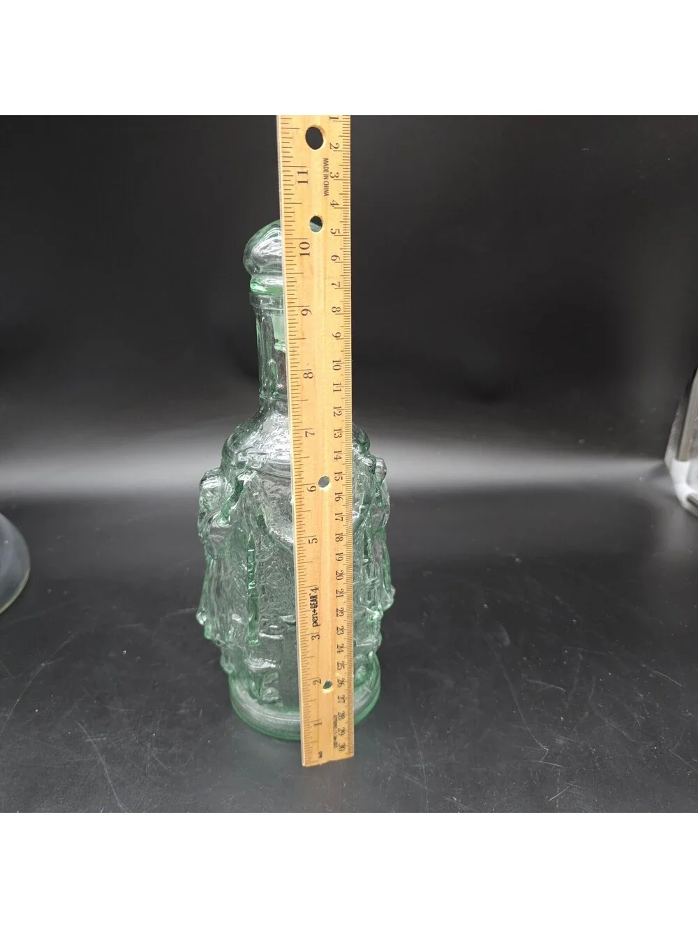 Vintage Spanish Green Glass Decanter Bottle w/ Stopper 3D Dancing Musicians 11.5